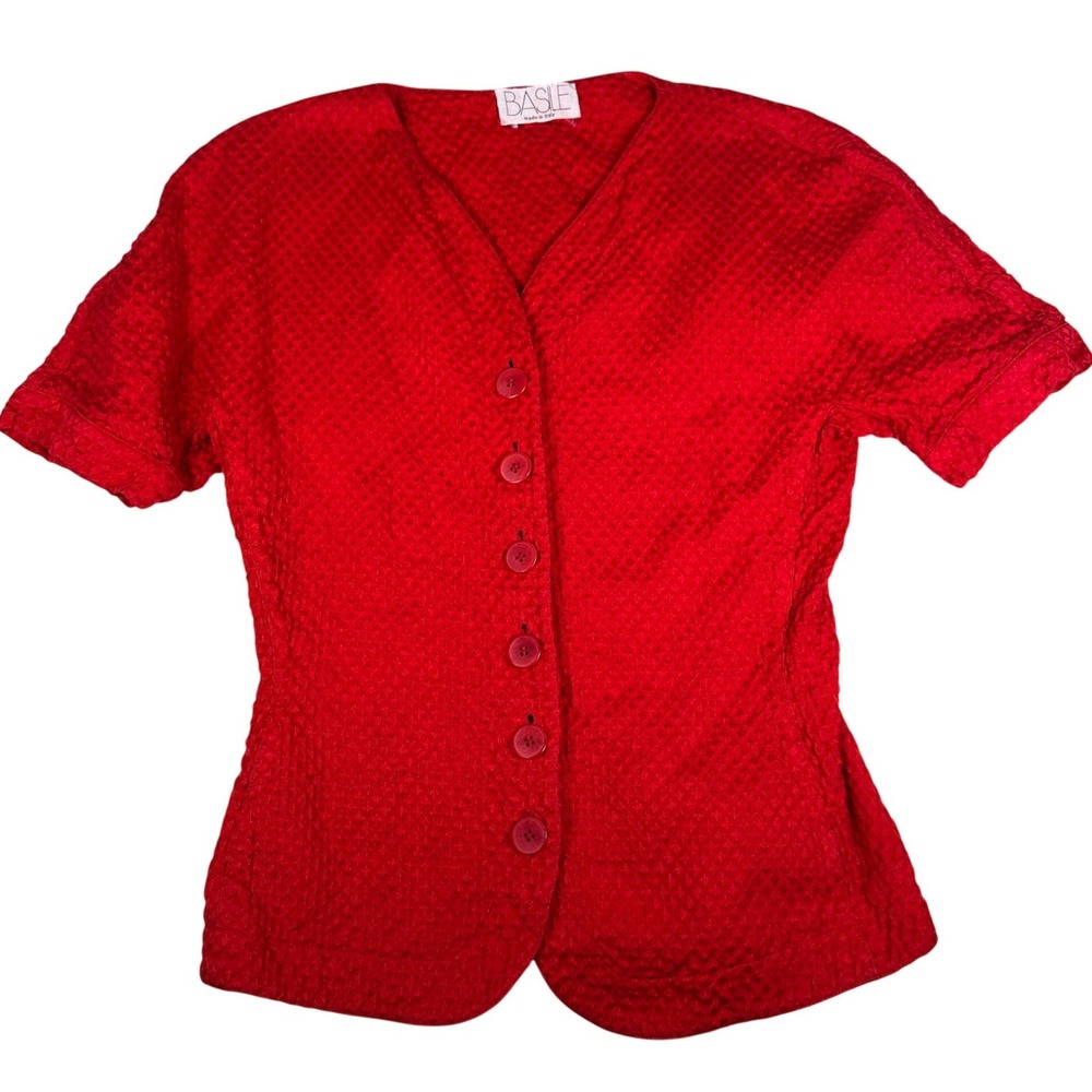 Basile Italy Bright Red Textured Cotton Short Sleeve Button Up Jacket Blazer 90s